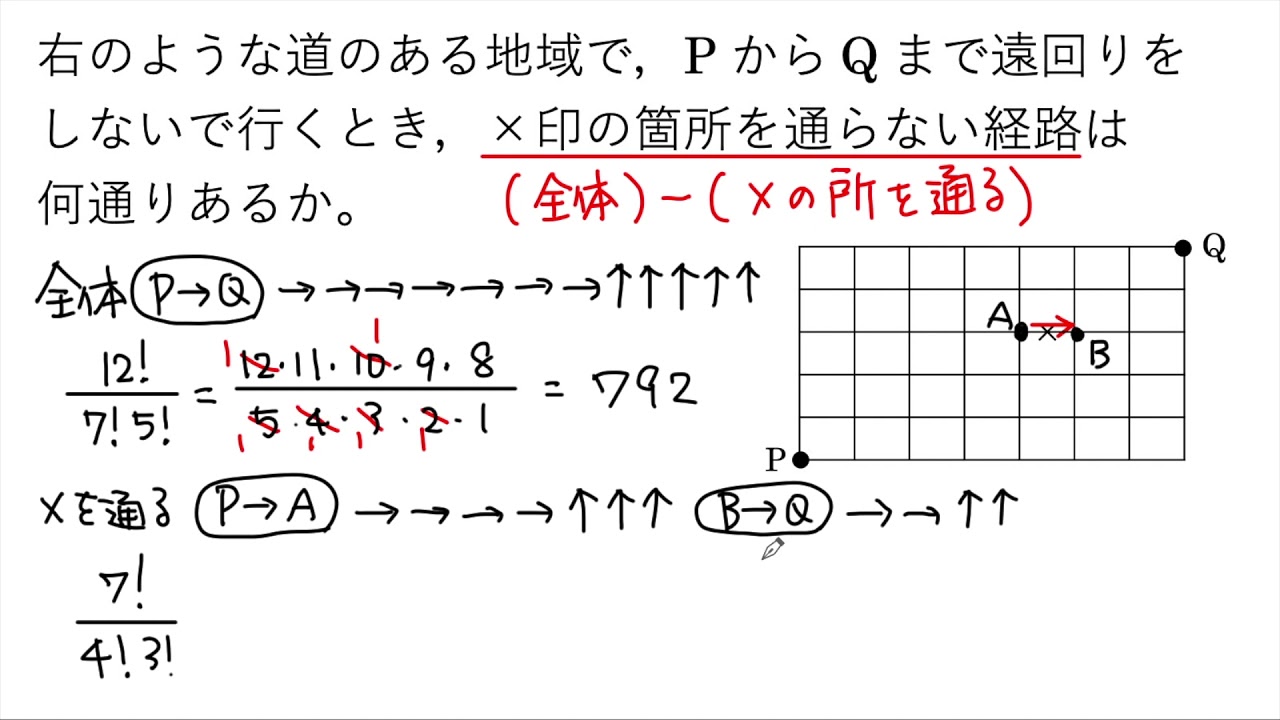 動画で解説 縦５マス 横７マスの道で 点pから点qまで 印を通らずに行く方法は何通りあるか 1340 高校数学 Youtube