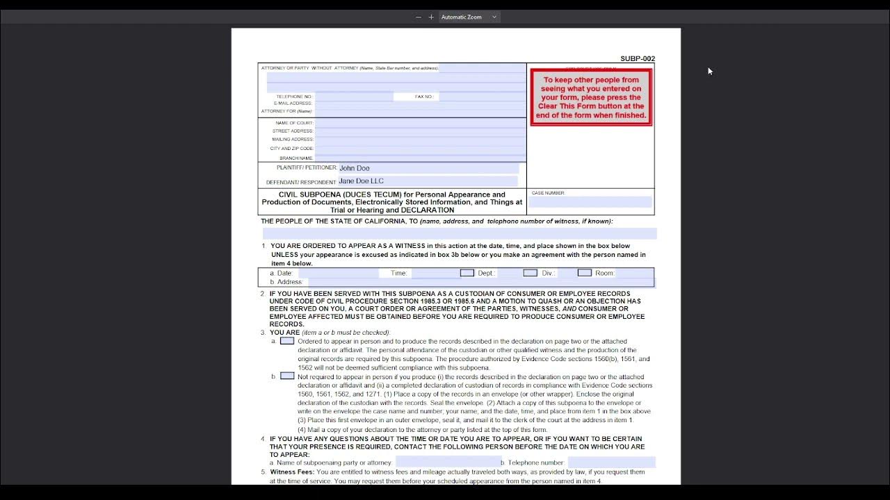 How To Fill Out Proof Of Service For A Subpoena SUBP002. YouTube