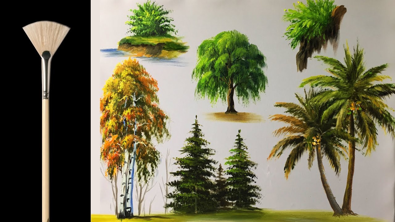 How to paint trees with fan brush - Acrylic lesson 