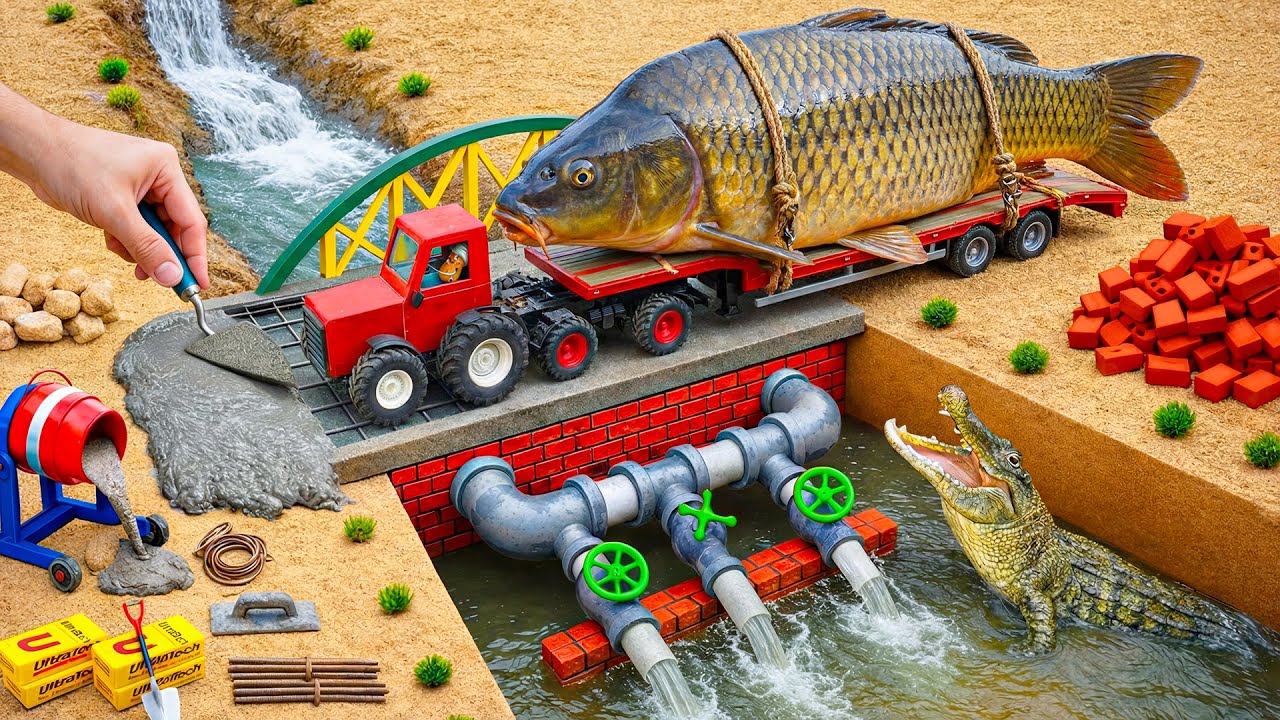 Crocodile Destroys Wooden Bridge | Science Project Builds a Strong Brick Bridge for the Fish Truck