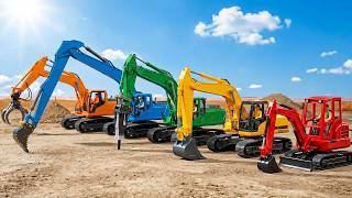 Realistic Miniature Construction Excavators and Dump Trucks at Work