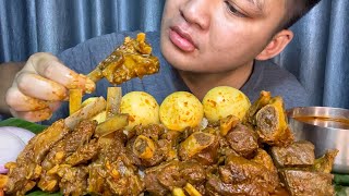 EATING DELICIOUS SPICY MUTTON CURRY & MUTTON LEG PIECE WITH SOME EGGS || INDIA MUKBANG