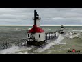 Gale force winds monster waves drone footage at st joseph michigan lighthouse 4k 2022 must see