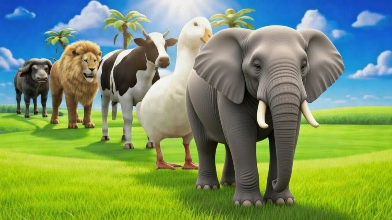 لعبة التزحلق الطويل مع بقرة وفيل وغوريلا وفرس نهر ونمر، لعبة حيوانات ثلاثية الأبعاد، رسوم متحركة s