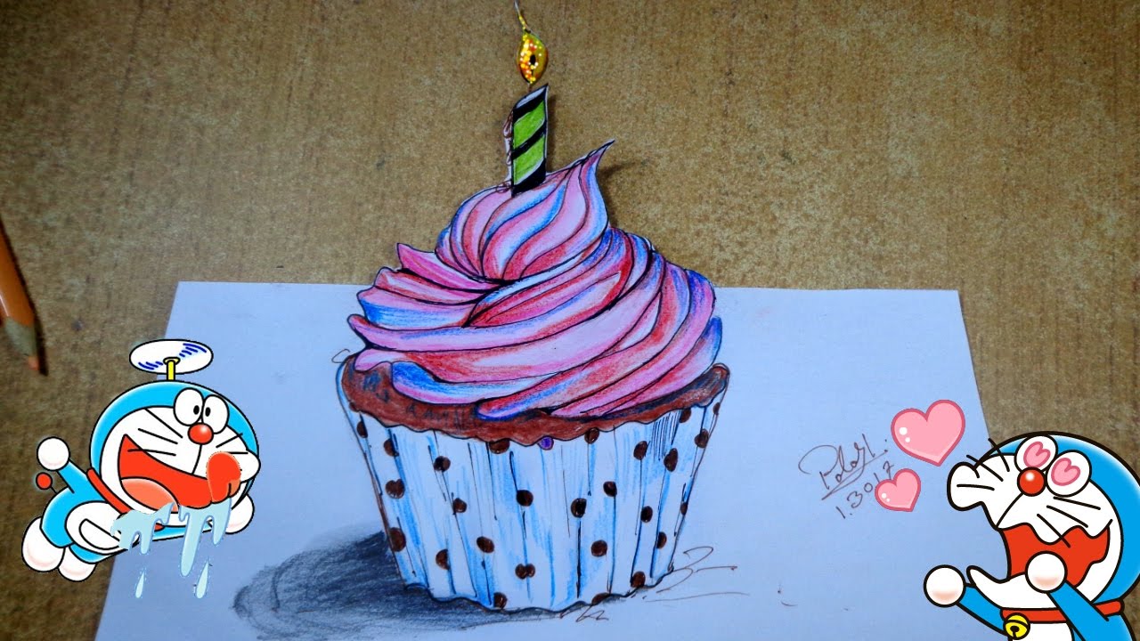 Cupcake Painting on Color Pencil | Happy birthday cake drawing | How to