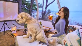 My own transparent cinema in front of the sea | solo camping vlog | Seafood soup and soju