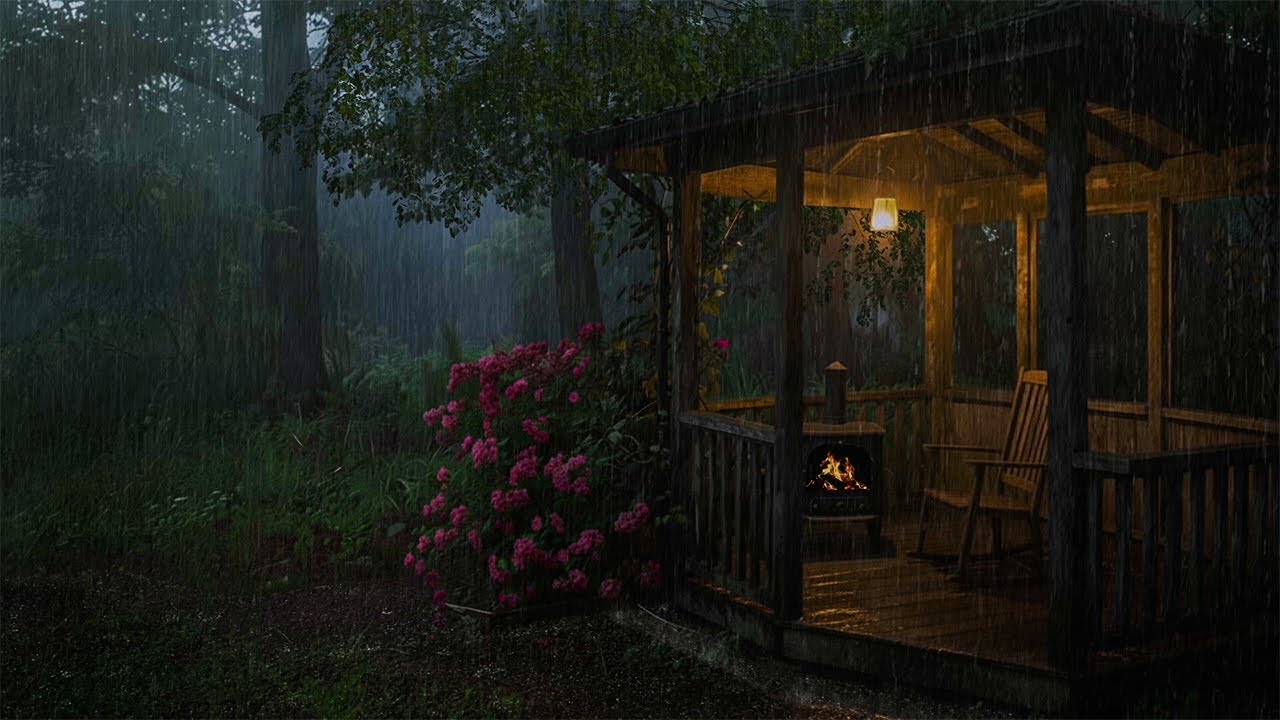 Cozy Cabin Porch with Fireplace at Night Rain in the Rainforest for ...