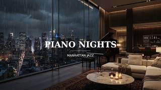 Midnight Manhattan Saxophone Jazz & Soft Rain Ambience Outside Glass Skyline View