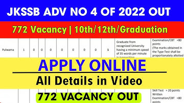 JKSSB Advertisement 4 of 2022 Out || 772 Vacancy Apply Online :  10+2 / Graduation