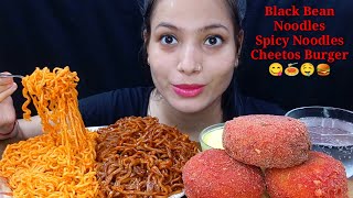 Eating Black Bean Noodles, Spicy Noodles, Cheetos Kurkure burger | Big Bite | Food Eating Show