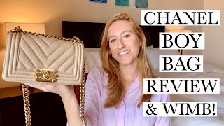 CHANEL SMALL BOY BAG REVIEW & WIMB!  Beige Caviar Leather, Shiny Light  Gold Hardware, Chevron Flap 