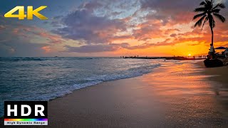 4K HDR // Sunset Beach Walk, Ocean Ambience Sounds - Waikiki, Hawaii
