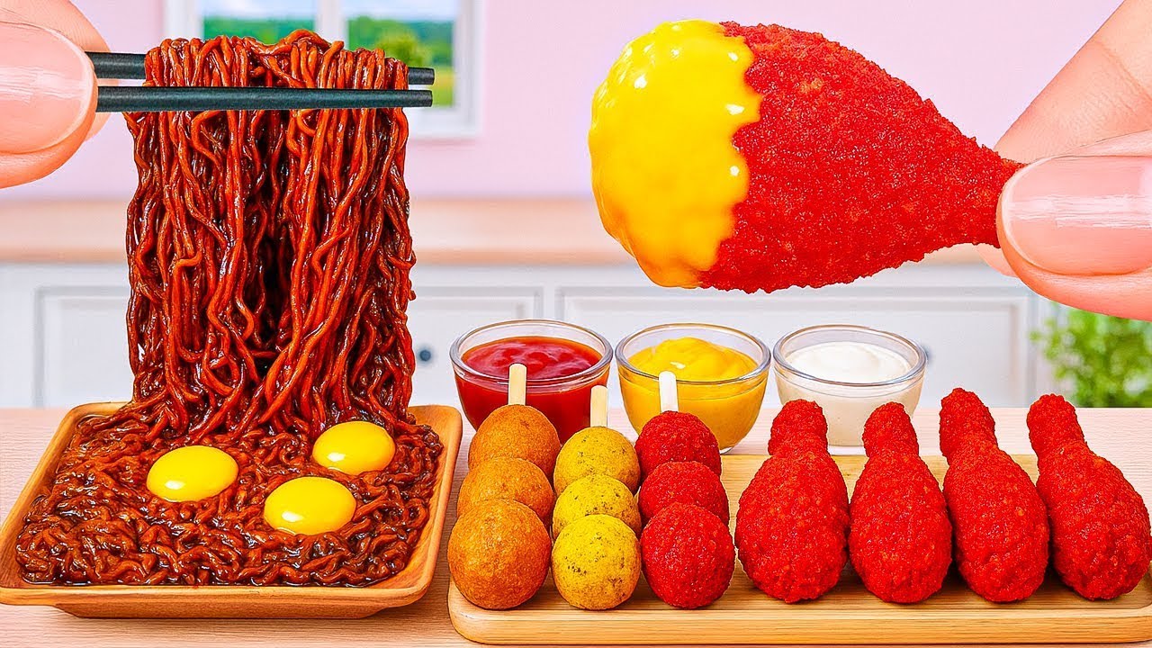 Best Korean Street Food 🤤 Miniature Fried Chicken Recipe with Buldak Noodles 🍟🍽️Rumi Tiny