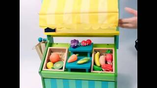 Okeykids Wooden Toy Fruit Supermarket Pretend Play Set with Chalkboard