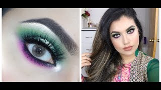 Eid makeup look/dramatic green gold halo eye makeup/full glam