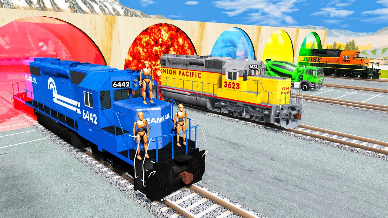 Cars vs Rails and Train - BeamNG.Drive