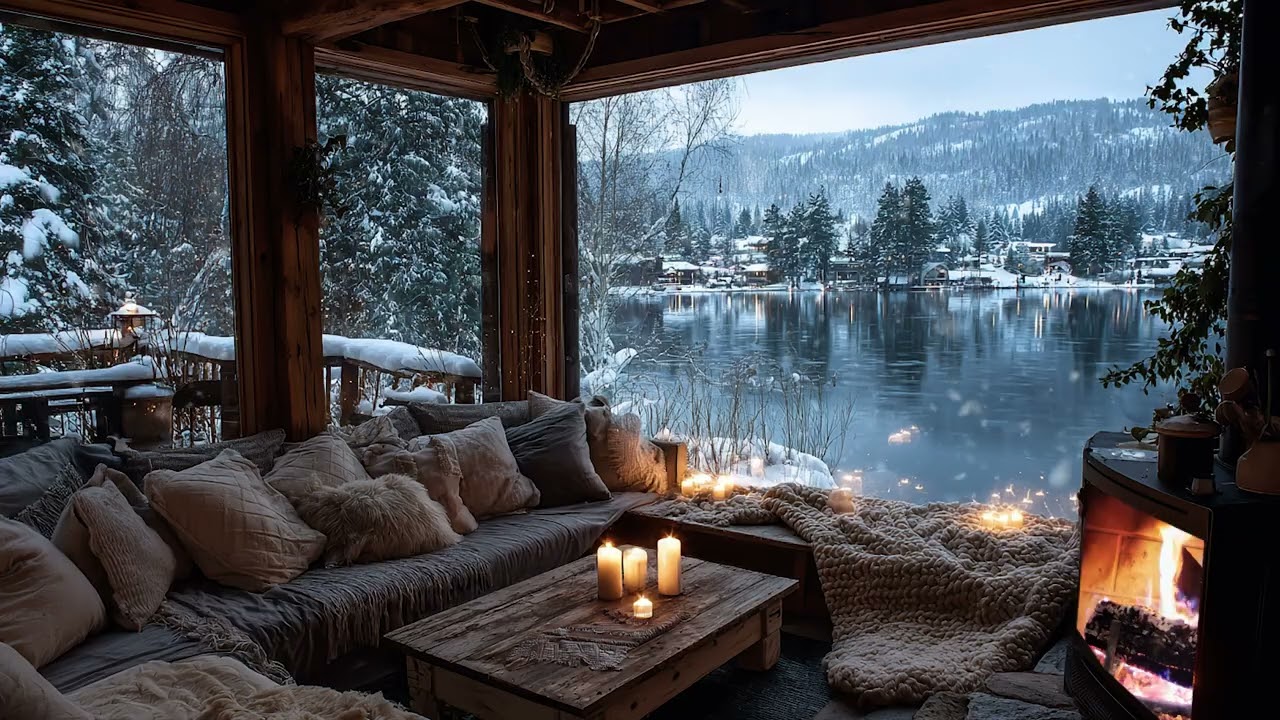 Snow Wind Sweeping Outside the Cabin Through the Night | Fireplace Crackling Sounds for Deep Sleep