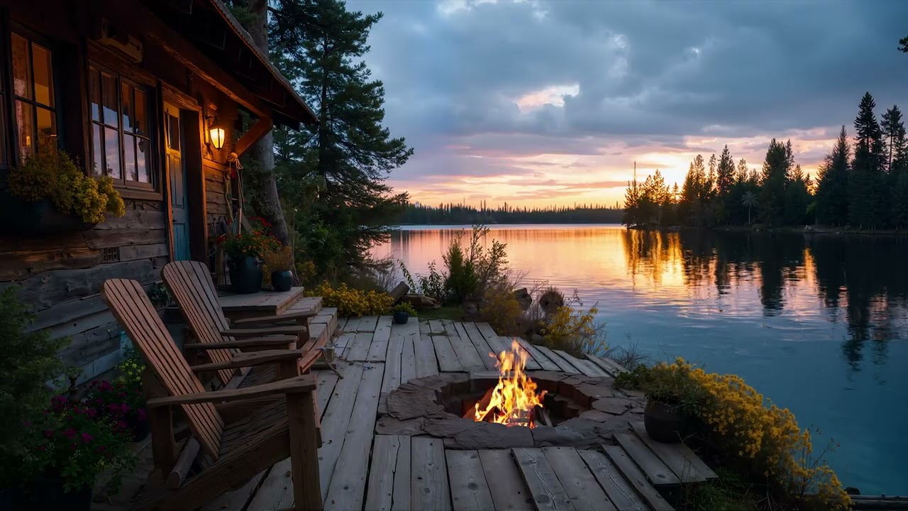 Peaceful Lake Ambience with Warm Firepit & Gentle Lake Sounds for Relax, study and Rest