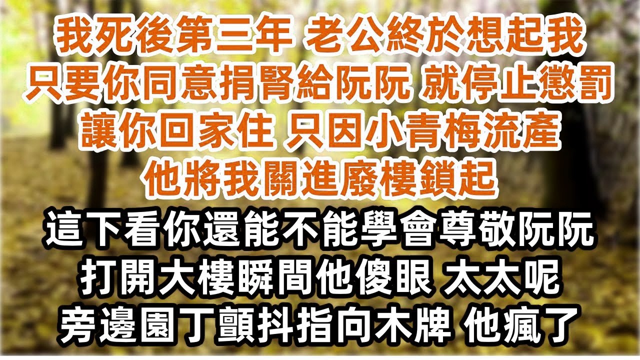 我死後第三年 老公終於想起我 只要你同意捐腎給阮阮 就停止懲罰 讓你回家住 只因小青梅流產 他將我關進廢樓鎖起 這下看你還能不能學會尊敬阮阮 打開大樓瞬間他傻眼 太太呢 旁邊園丁顫抖指向木牌 他瘋了