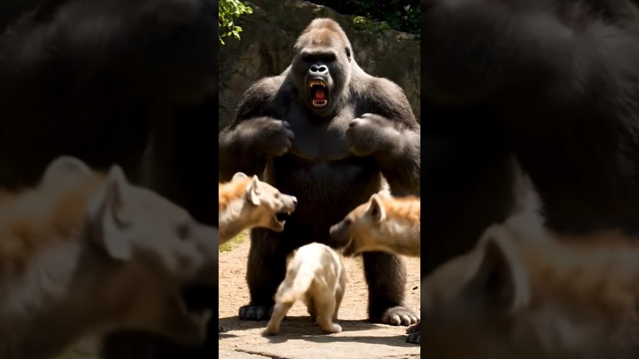 Giant gorilla saves and Protect a lost puppy from attacking hyenas in the zoo 