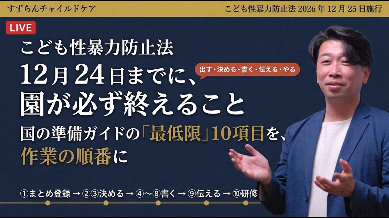 こども性暴力防止法、12月 24日までに園が必ず終えること｜国の準備ガイドの「最低限」9項目＋まとめ登録を、作業の順番に