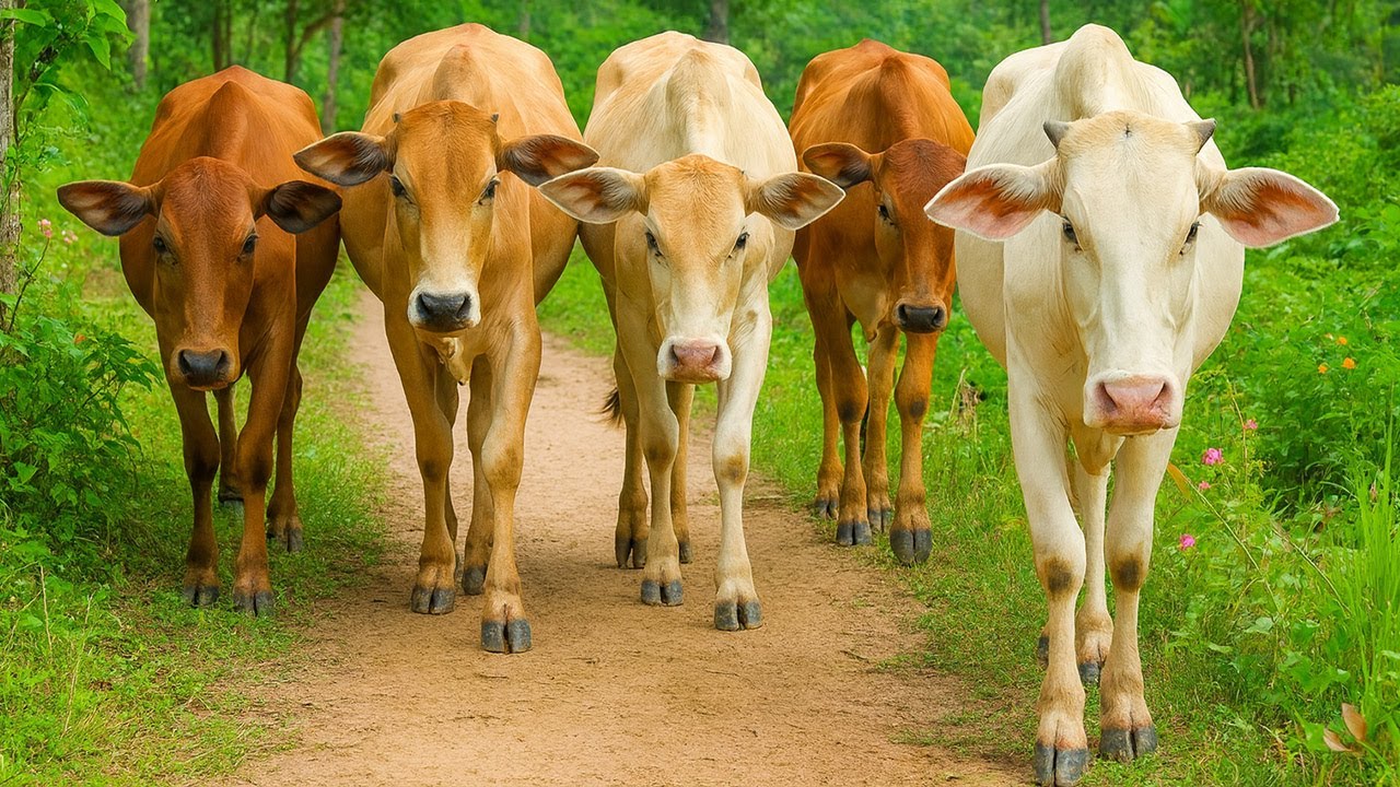 Activity of dozens of cows in a vast field, Cow sound Moo, A herd of cute cows in the green field.
