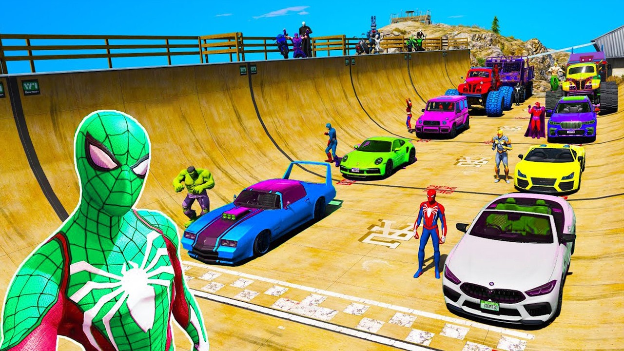 SPIDERMAN CARS Super Cars Mega Rampa Challenge ! SUPERHERO HULK Iron Man Goku Racing - GTA V #gta