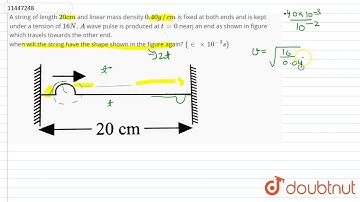 A string of length 20 cm and linear mass density 0.40 g//cm is fixed at both ends and is kept un...