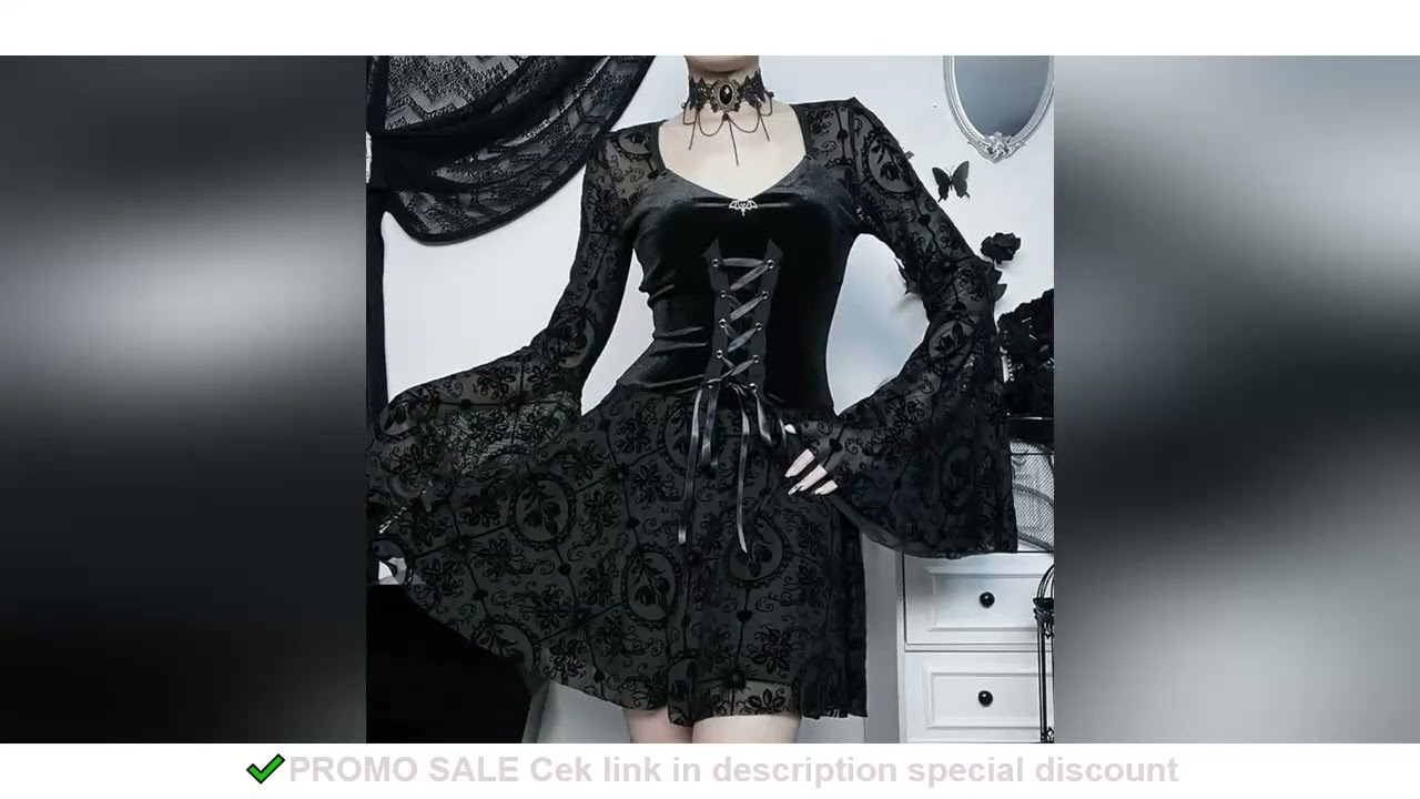 P88A Stylish Black Draped Bodycon Dress Long Sleeves Gothic Dresses Vintage