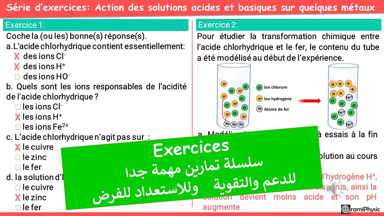 Action de de solutions acides et solutions basiques sur quelques métaux 3 année collège exercices