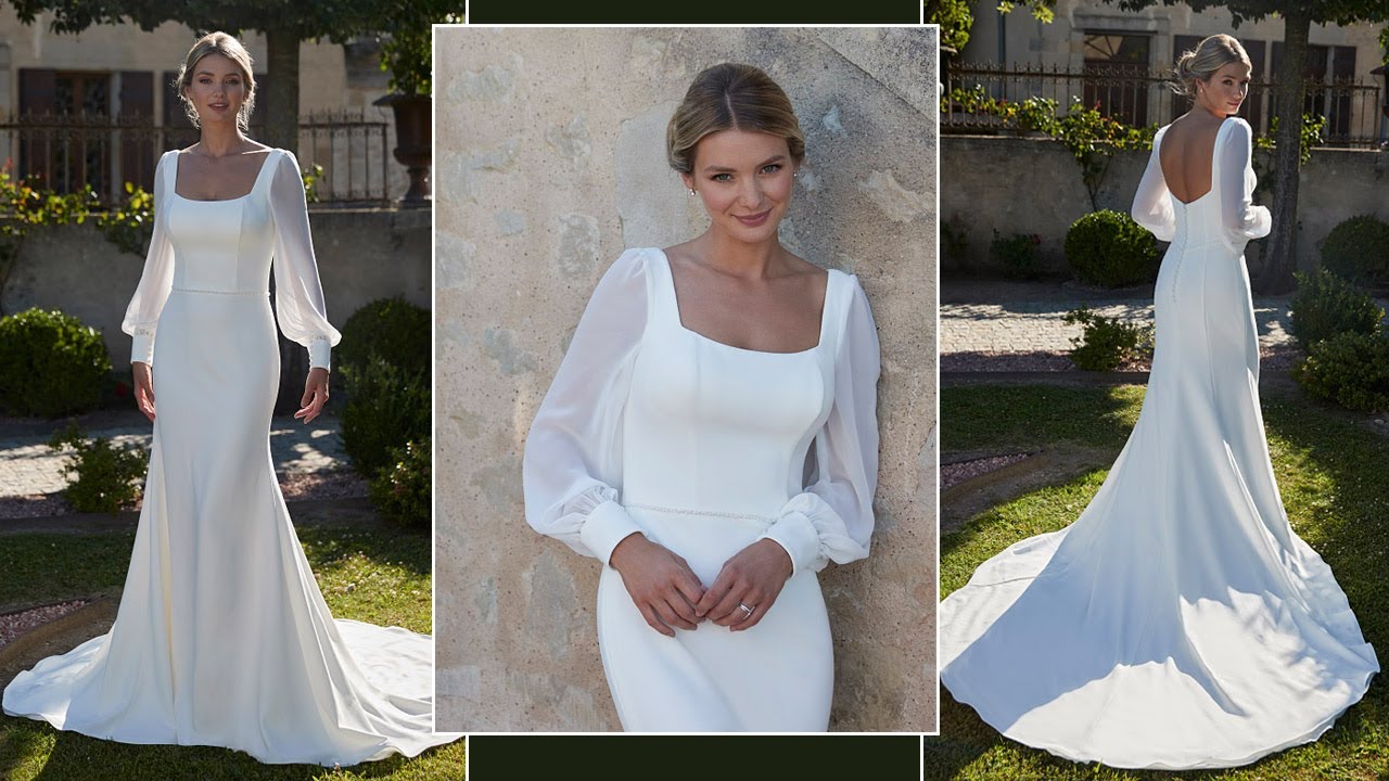 Glennis fit flare wedding dress captivating crepe chiffon, creating enchanting sophisticated look.