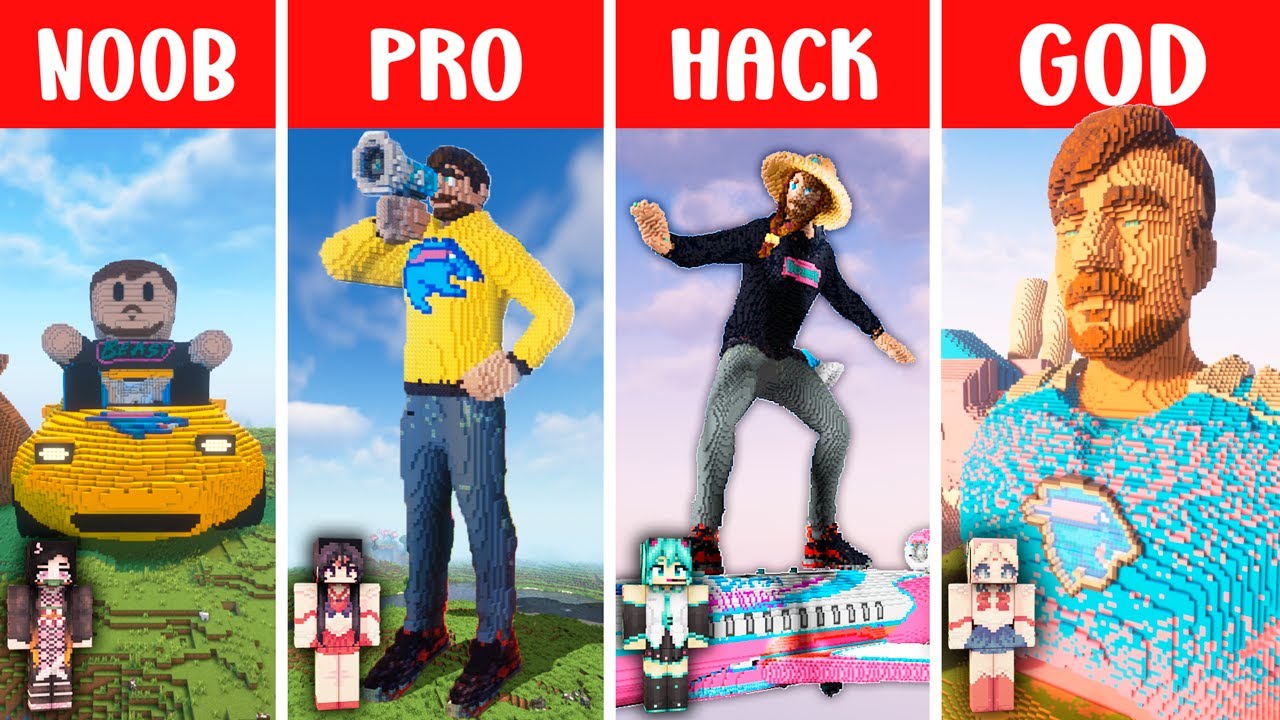 Minecraft MR.Beast-2 STATUE HOUSE BUILD CHALLENGE - NOOB vs PRO vs ...