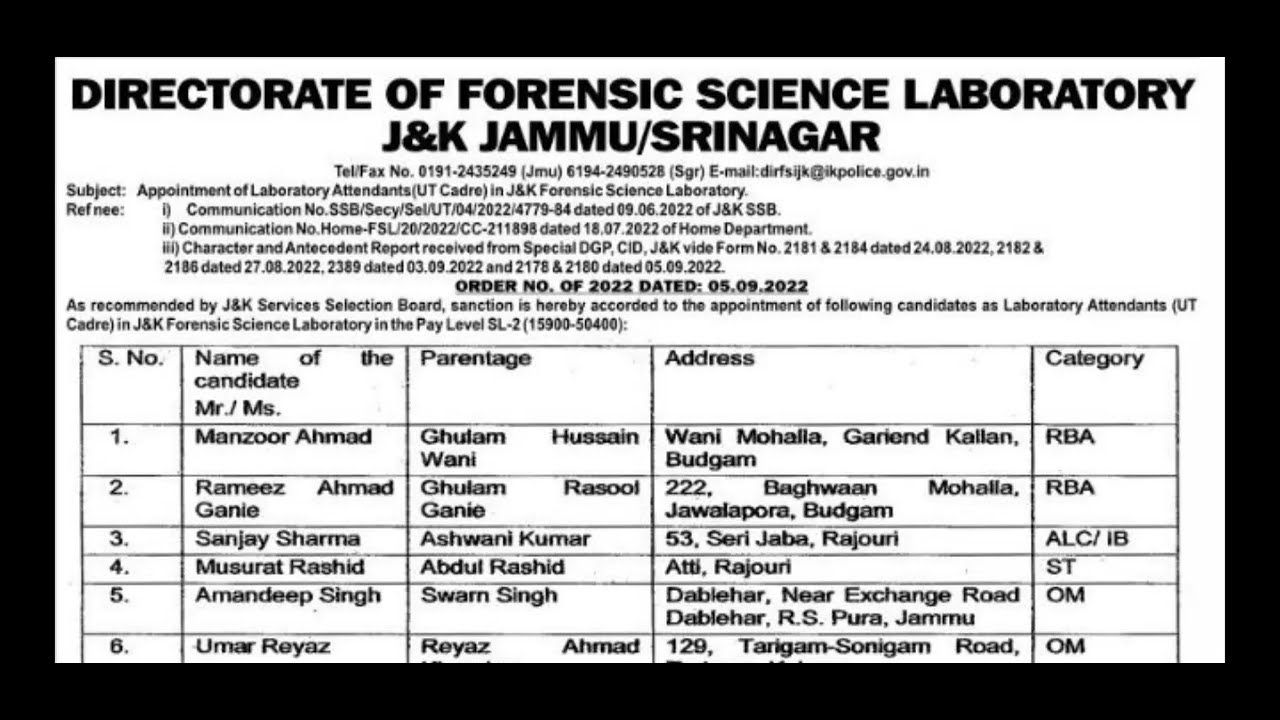 Selection List || Laboratory Attendant || J&K Forensic Science Laboratory