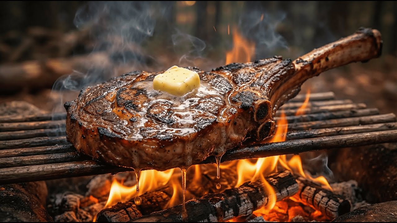 Juicy Tomahawk Steak on Open Fire | Wilderness Cooking ASMR