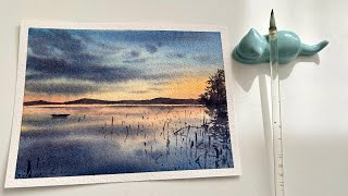 Easy watercolor landscape painting, lake view in the evening