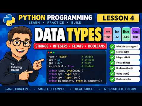 Capa de Python Programming – Lesson 4: Data Types | Strings, Integers, Floats & Booleans