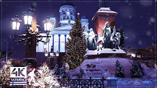 Christmas in Helsinki Snowfall Night Walk Finland - Slow TV 4K