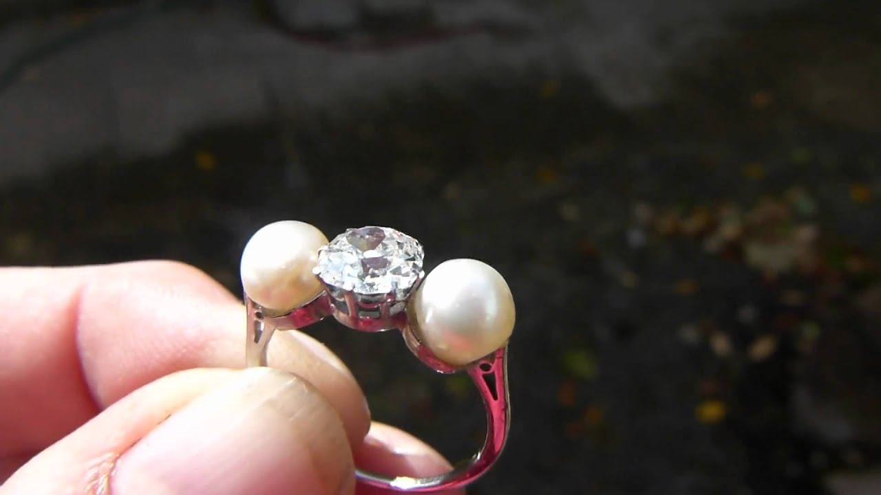 NATURAL PEARL & OLD CUT DIAMOND PLATINUM RING. wwwfineantiquediamonds.co.uk