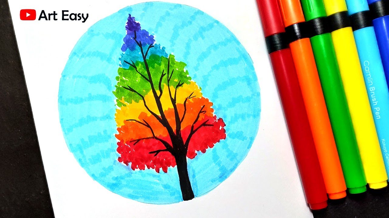 How to draw rainbow tree with brush pen || Very easy - YouTube