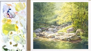 Watercolor landscape painting - Summer stream