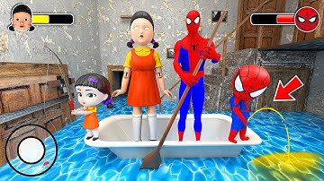 Playing as SpiderMan Family vs Squid Game Doll - Flooded Water in Granny House