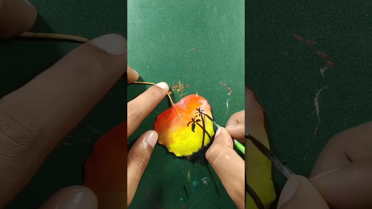 Draw easy sunset scenery on leaf 