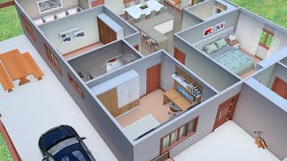 Planta de Casa 3D para Sítio com três Quartos e Cozinha Americana