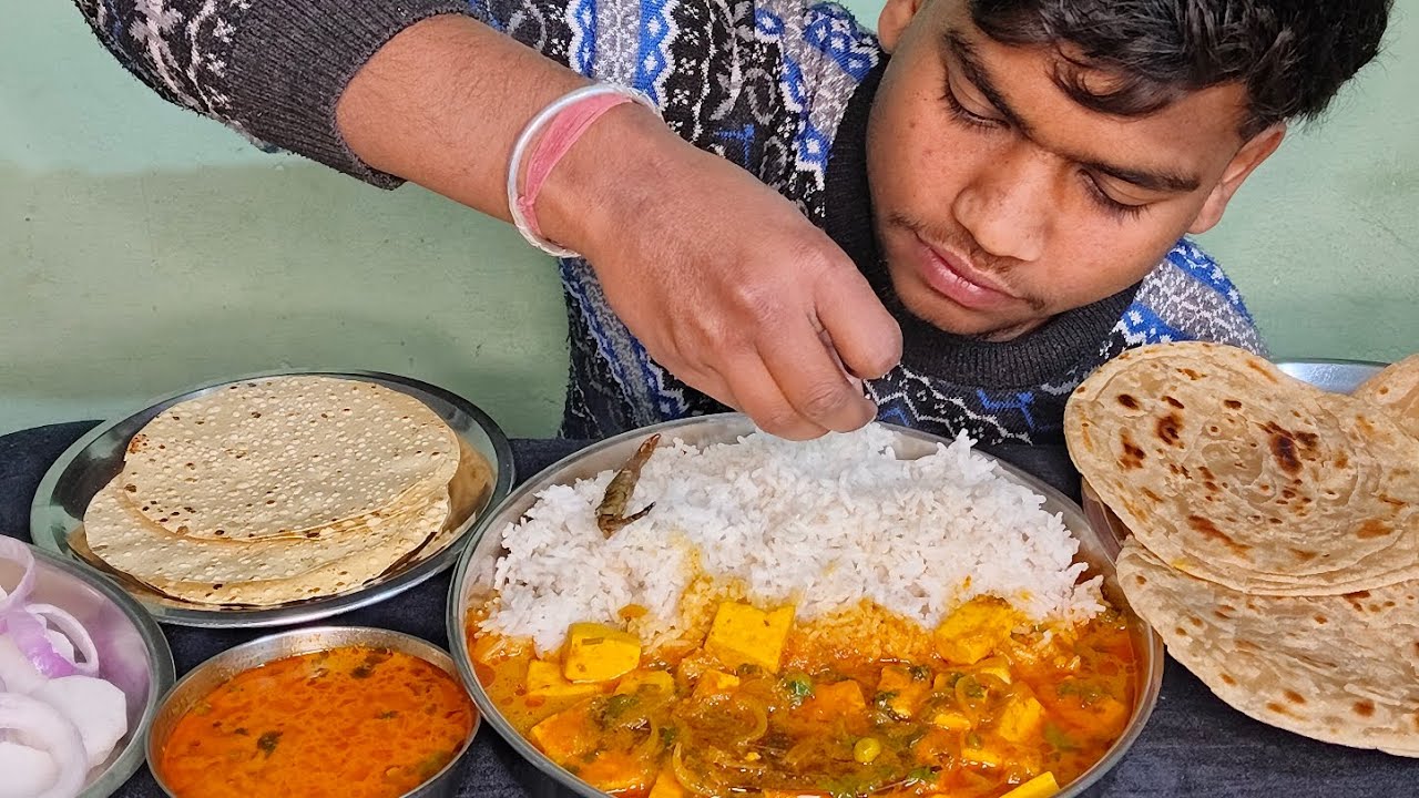 ASMR Eating matar paneer, laccha pratha, chawal, papad, salad😋.