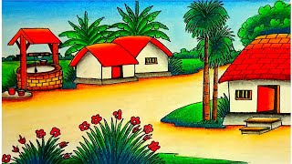 How to draw easy scenery drawing of nature beautiful village house drawing easy step by step