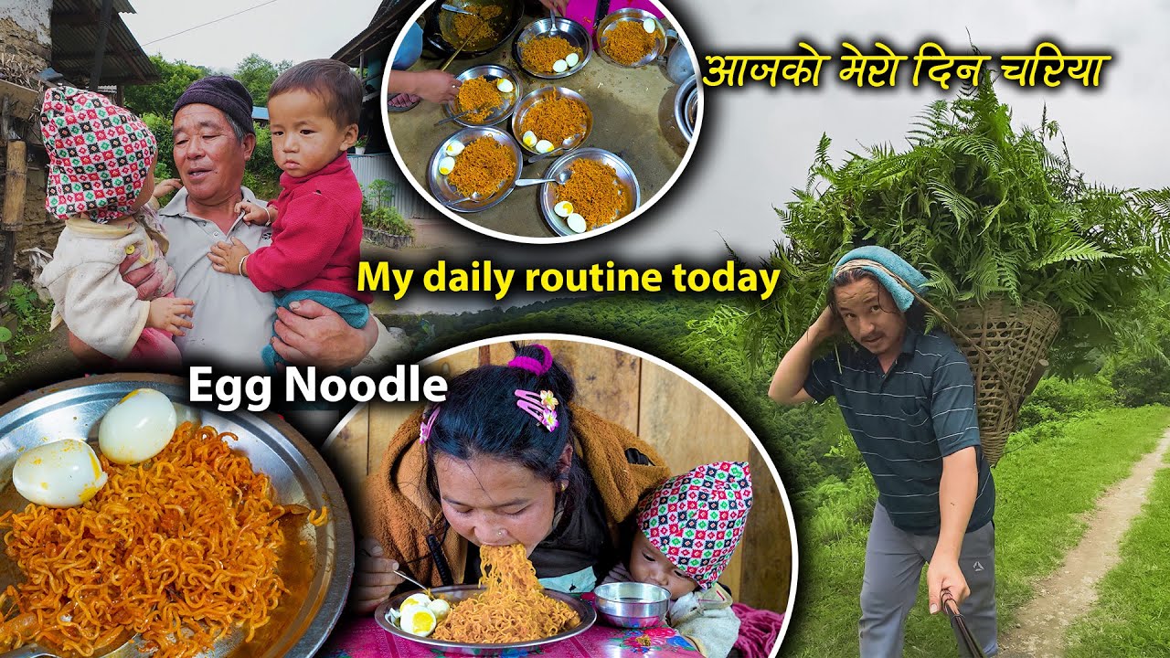 Fry Noodles & egg recipe cooking & eating in village || My village routine | New Nepali Village Vlog