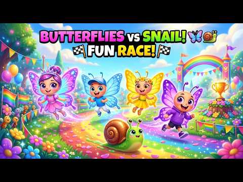 Four Butterflies Race a Little Snail 🦋🐌🌸 | Fun Garden Race & Animal Nursery Rhyme for Kids
