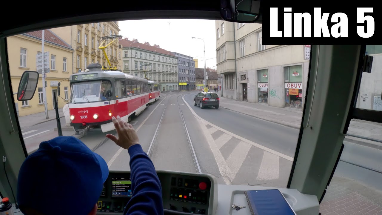 Linka 5 Brno -- Ústřední hřbitov -Štefánikova čtvrť [Škoda Anitra 03T6] [Tram Cab View]