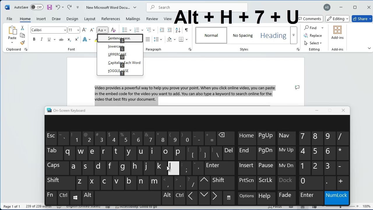 Shortcut to make text uppercase in word