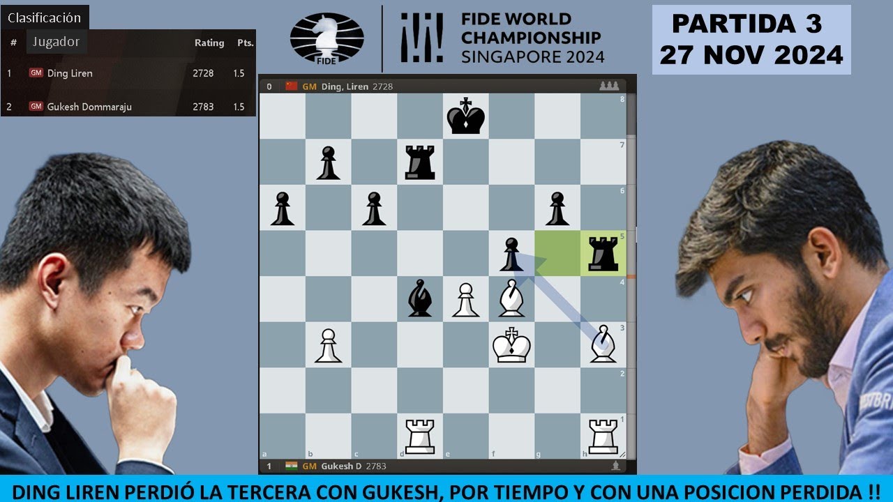 MUNDIAL DE AJEDREZ 2024 PARTIDA 3: DING LIREN PERDIÓ CON GUKESH, POR ...
